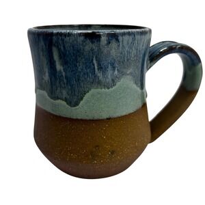 Dani M Artisan Studio Pottery Mug Blue Green Brown Speckled Glaze Cat Stamp